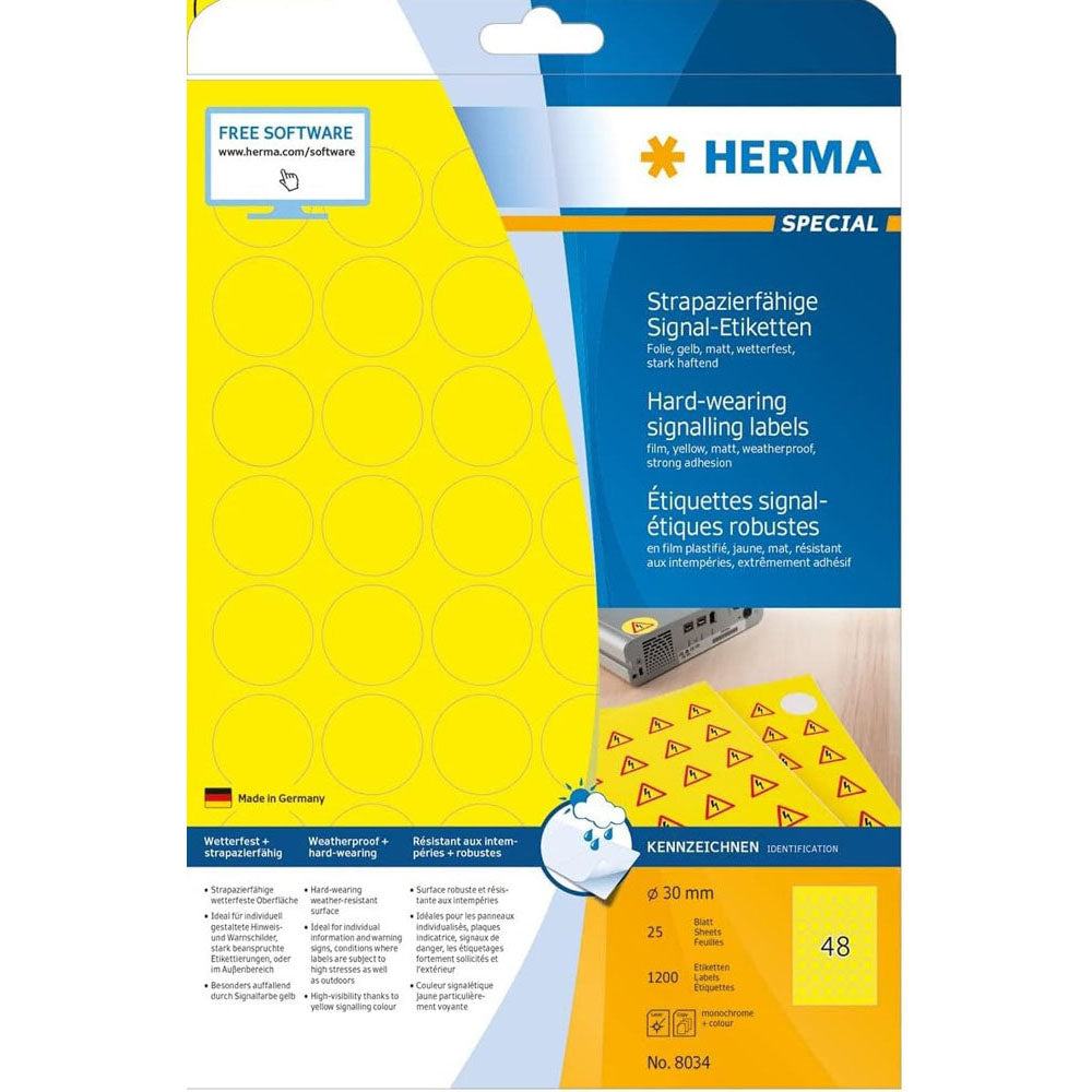 Herma Round Hard-Wearing Signalling Labels (Yellow)