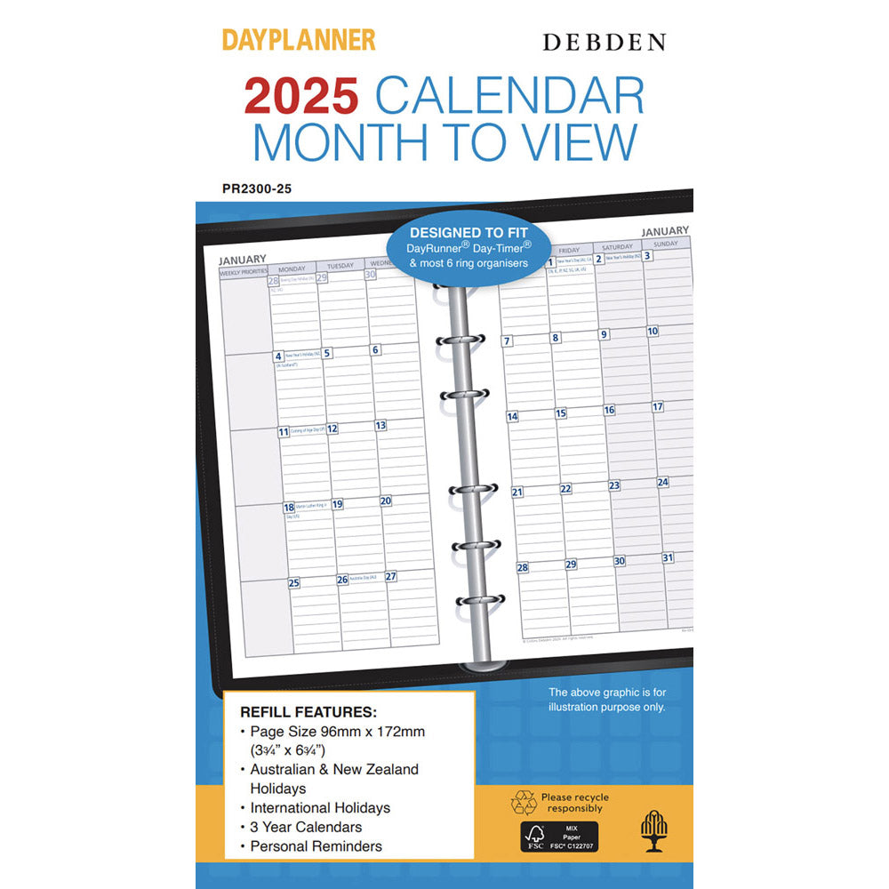 Debden Personal 6-Ring '25 Dayplanner Refill 96x172mm