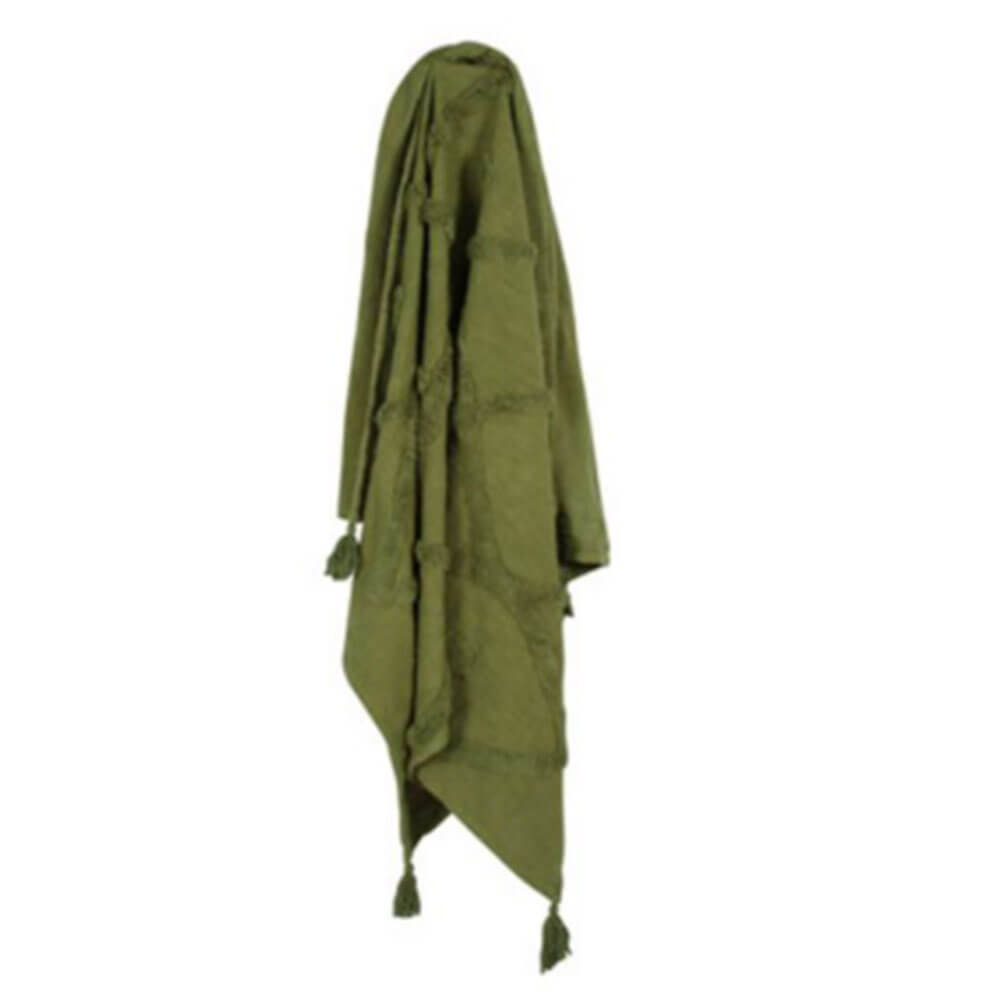 Piol Olive Green Cotton Throw w/ Tassle＆Tufting