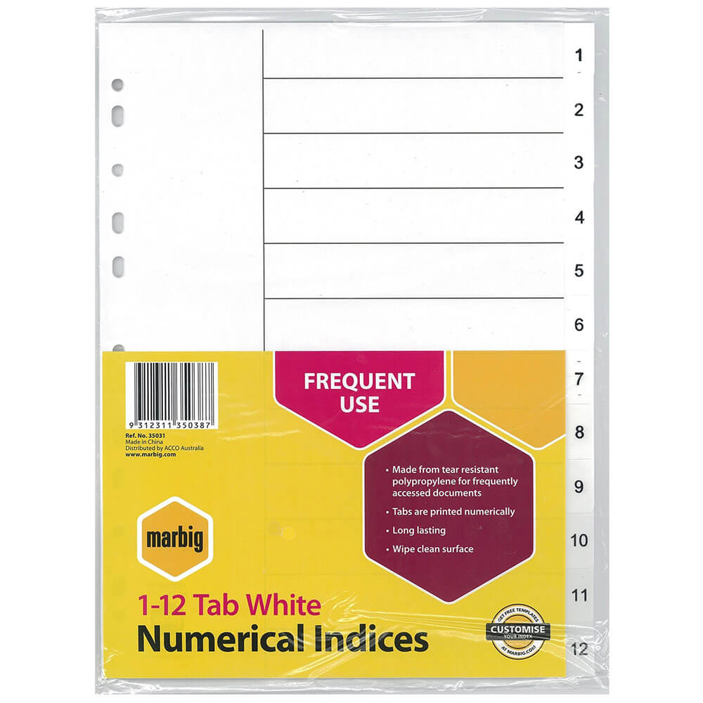 Marbig numerieke indices en dividers a4 (wit)