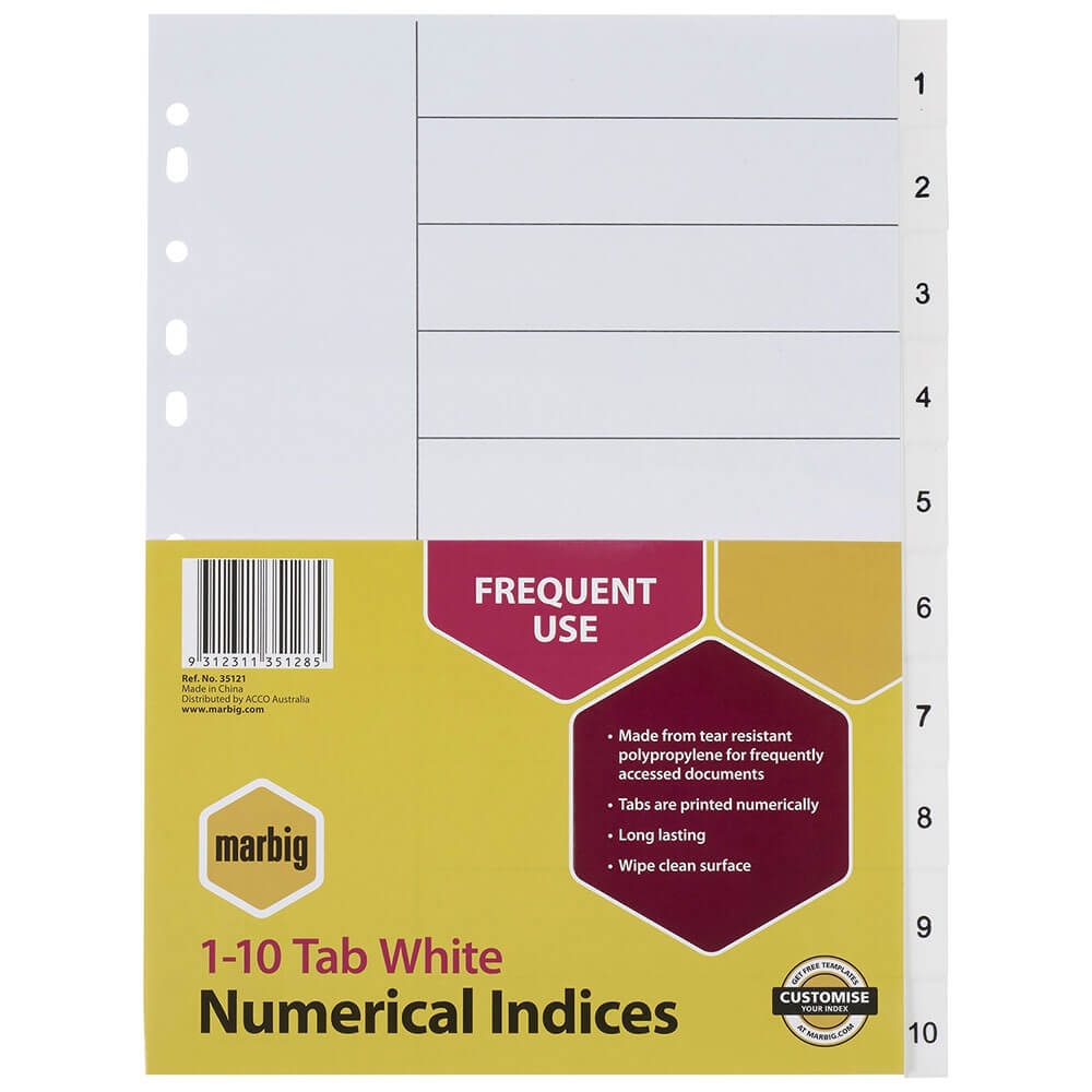 Marbig numerieke indices en dividers a4 (wit)