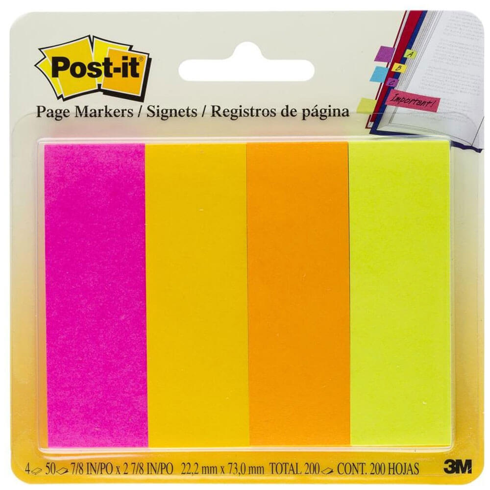 Post-it-sidemarkører 200 ark 22x73mm (4 farver)